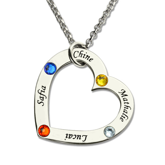 Mother's Heart Necklace with 4 Names & Birthstones Sterling Silver