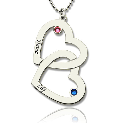 Double Heart Necklace with 2 Names & Birthstones Sterling Silver