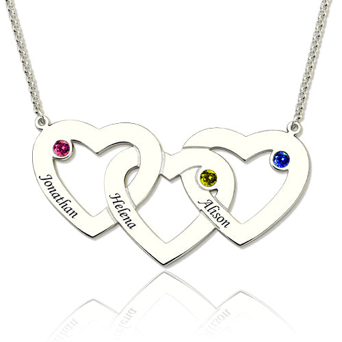 Intertwined 3 Hearts & Birthstones Name Necklace In Gold