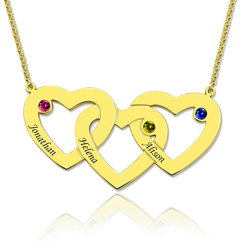 Intertwined 3 Hearts & Birthstones Name Necklace In Gold